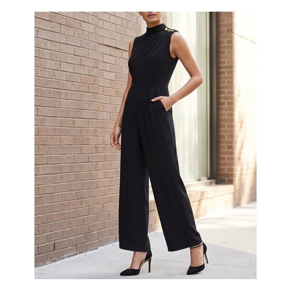 Donna Karan New York Black Mock Neck Gold Button Wide Leg Jumpsuit NWT Size 2